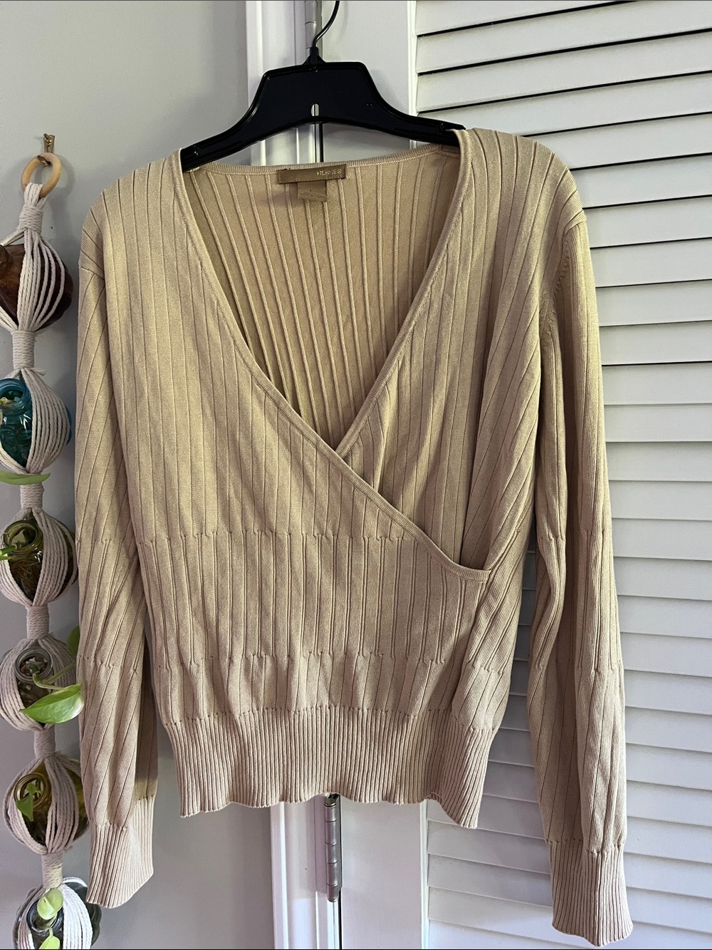 Ribbed Wrap V-Neck Sweater - Beige